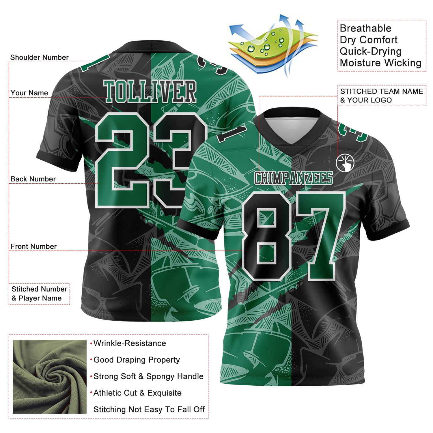 Custom Black Kelly Green-White Authentic Gradient Fashion Scratch Football Jersey - Player Version