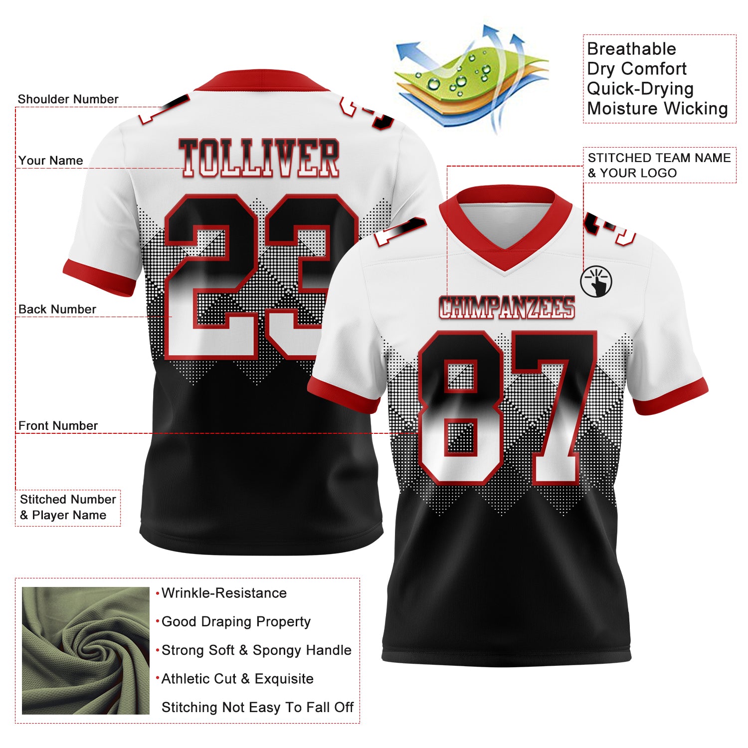 Custom White Black-Red Authentic Gradient Square Shape 7V7 Flag Football Jersey - Fan Version