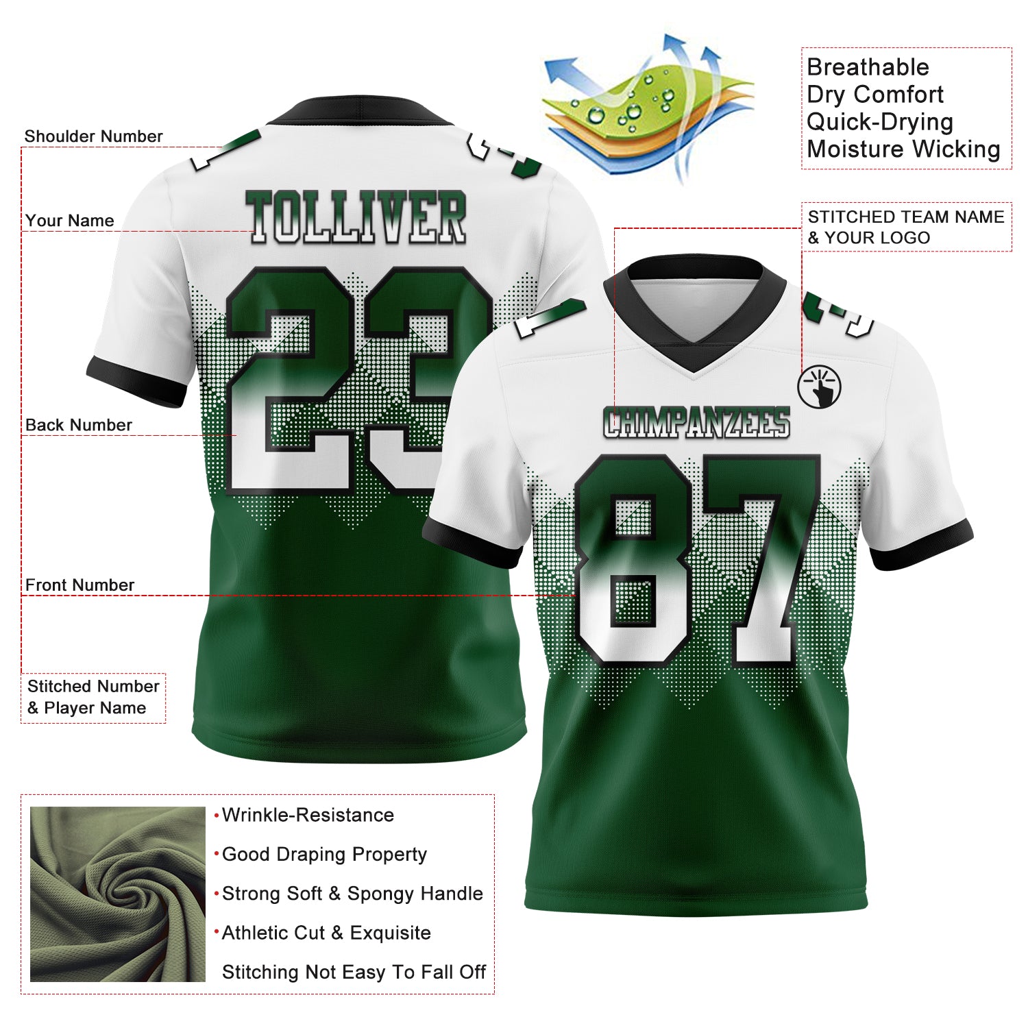Custom White Green-Black Authentic Gradient Square Shape 7V7 Flag Football Jersey