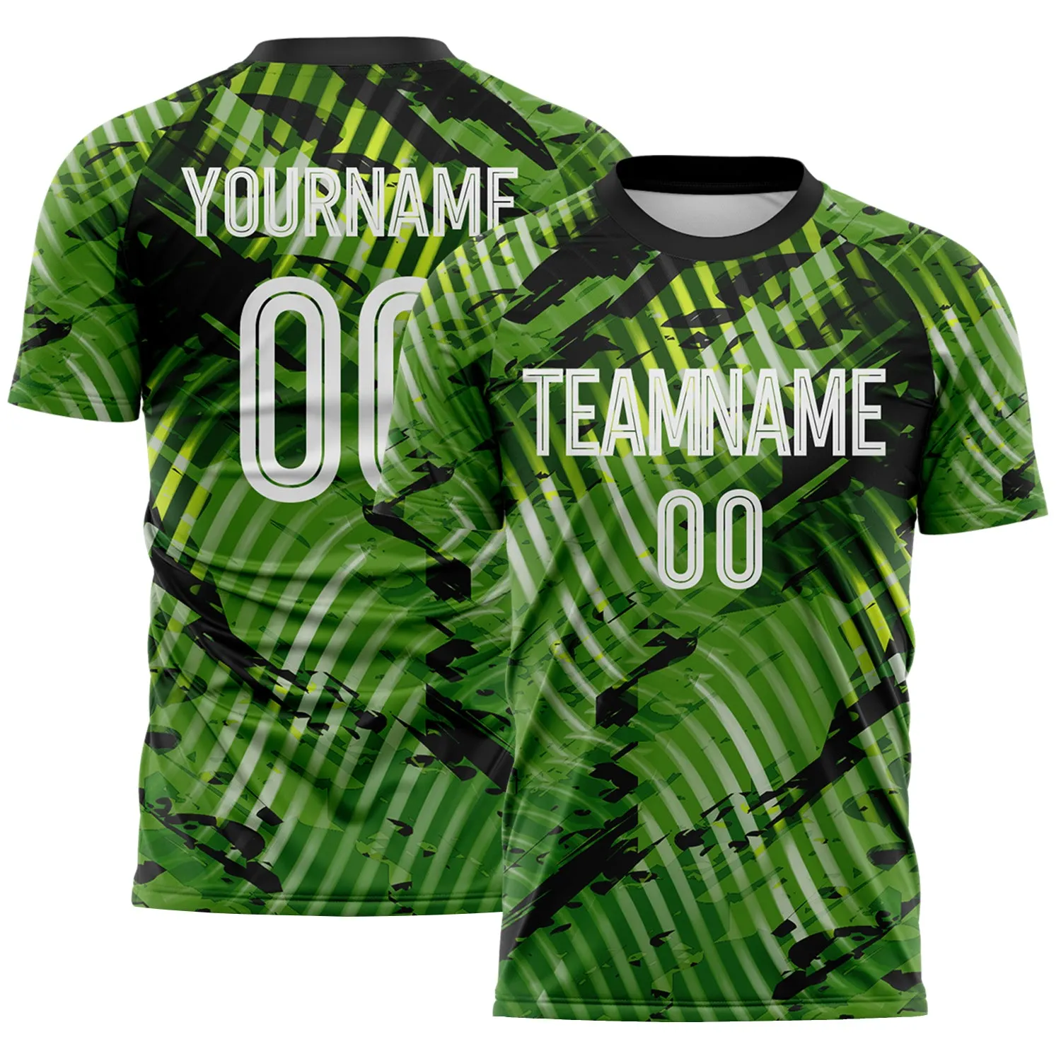 Custom Green White-Black Abstract Swirl Wave Grunge Splatter Sublimation Soccer Uniform Jersey