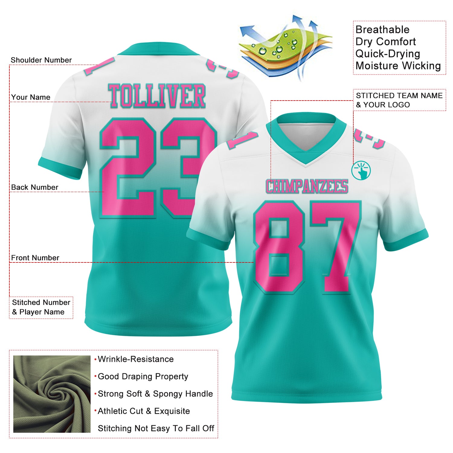 Custom White Pink-Aqua Authentic Fade Fashion Football Jersey - Player Version