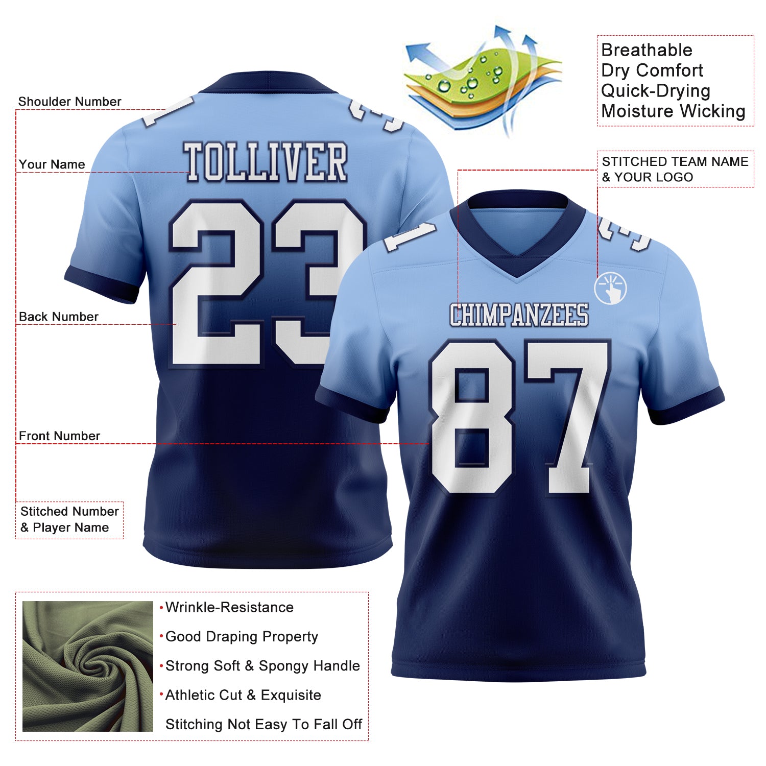Custom Light Blue White-Navy Authentic Fade Fashion Football Jersey - Player Version