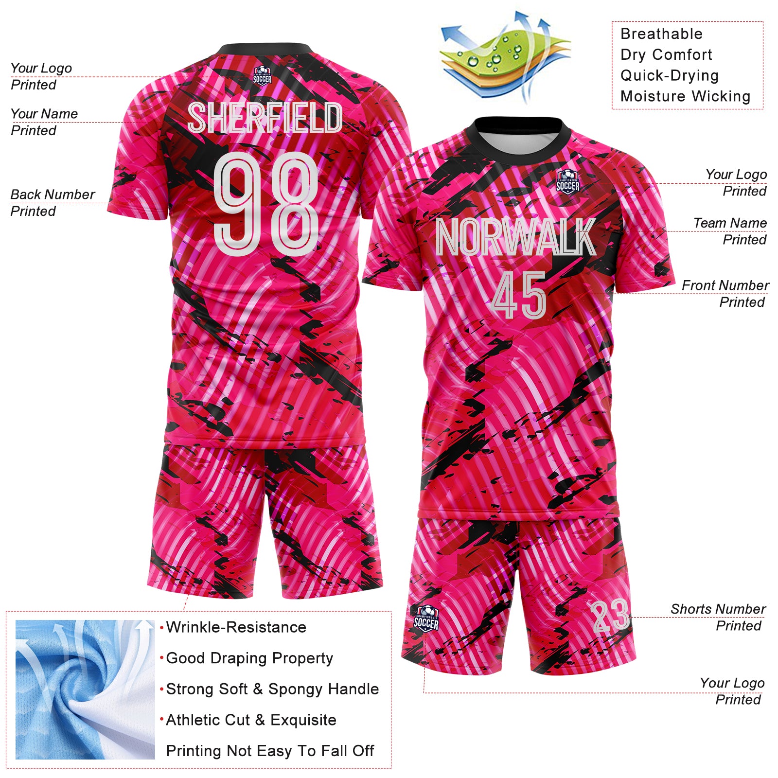 Custom Pink White-Black Abstract Swirl Wave Grunge Splatter Sublimation Soccer Uniform Jersey