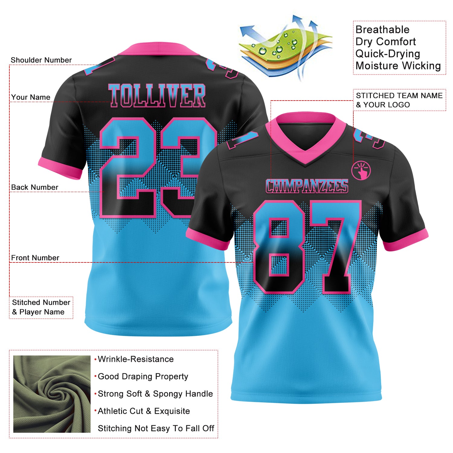 Custom Black Sky Blue-Pink Authentic Gradient Square Shape 7V7 Flag Football Jersey - Fan Version