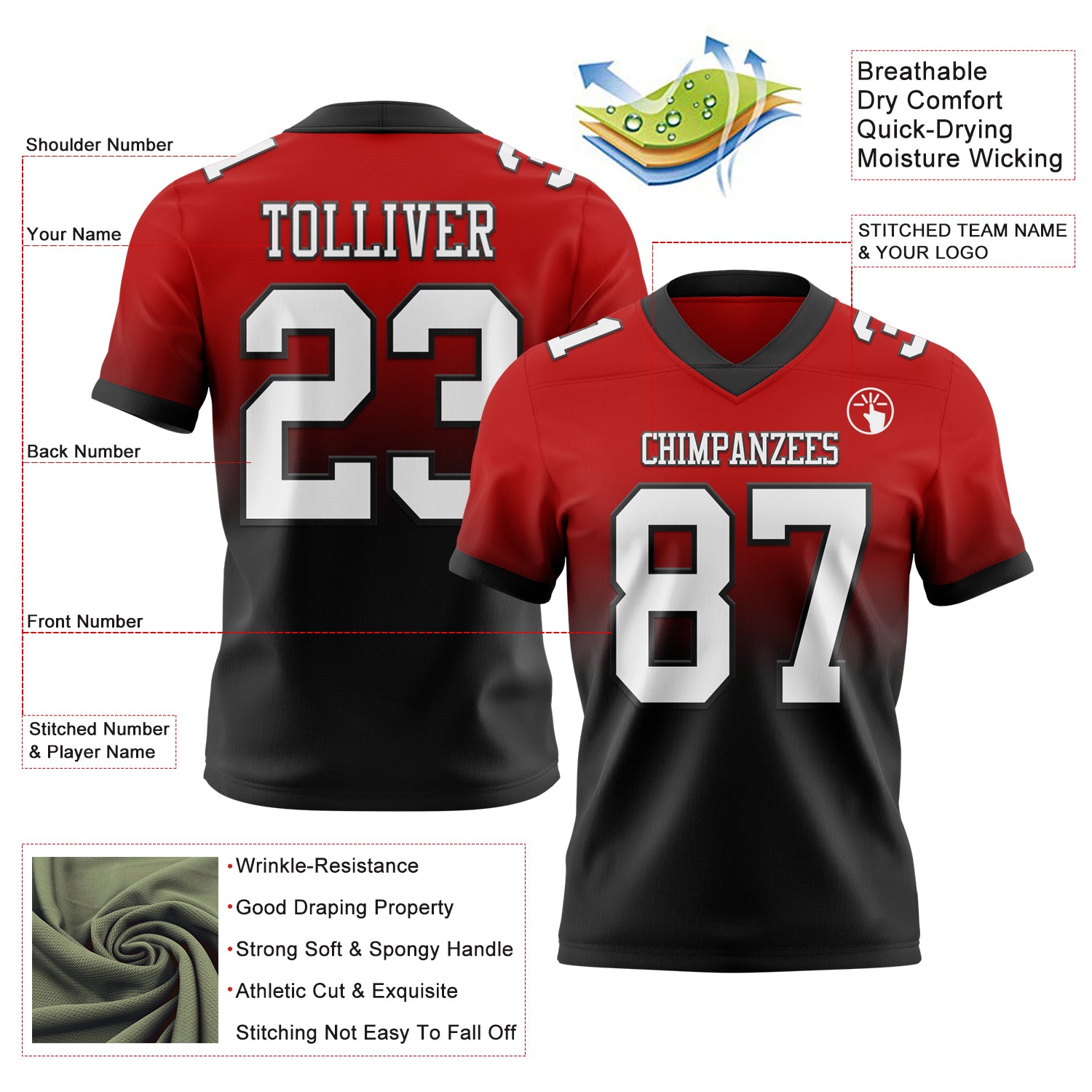 Custom Red White-Black Authentic Fade Fashion Football Jersey - Fan Version