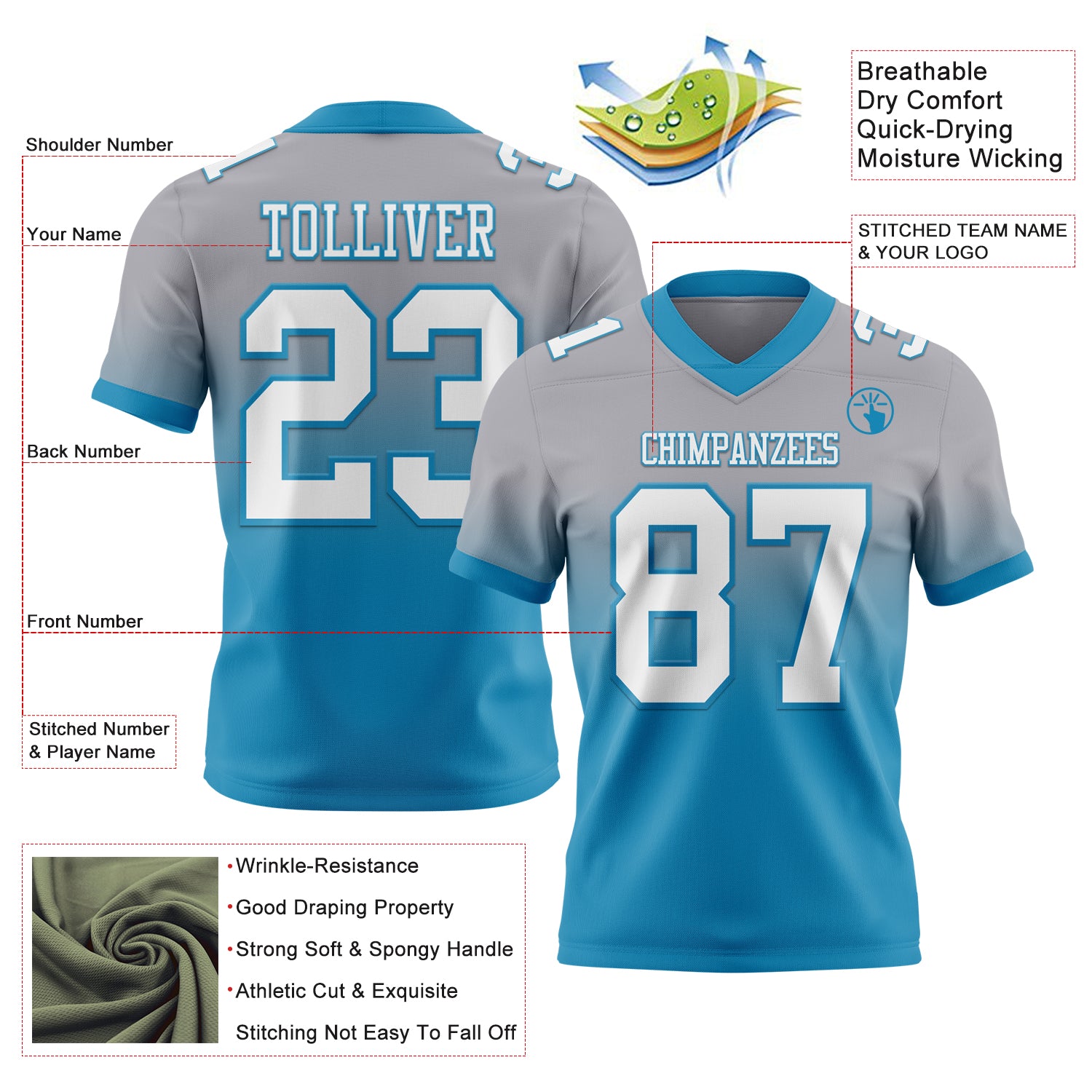 Custom Gray White-Panther Blue Authentic Fade Fashion Football Jersey - Fan Version