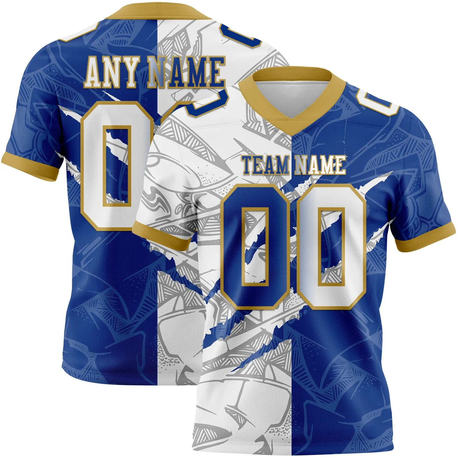 Custom Royal White-Old Gold Authentic Gradient Fashion Scratch Football Jersey - Fan Version