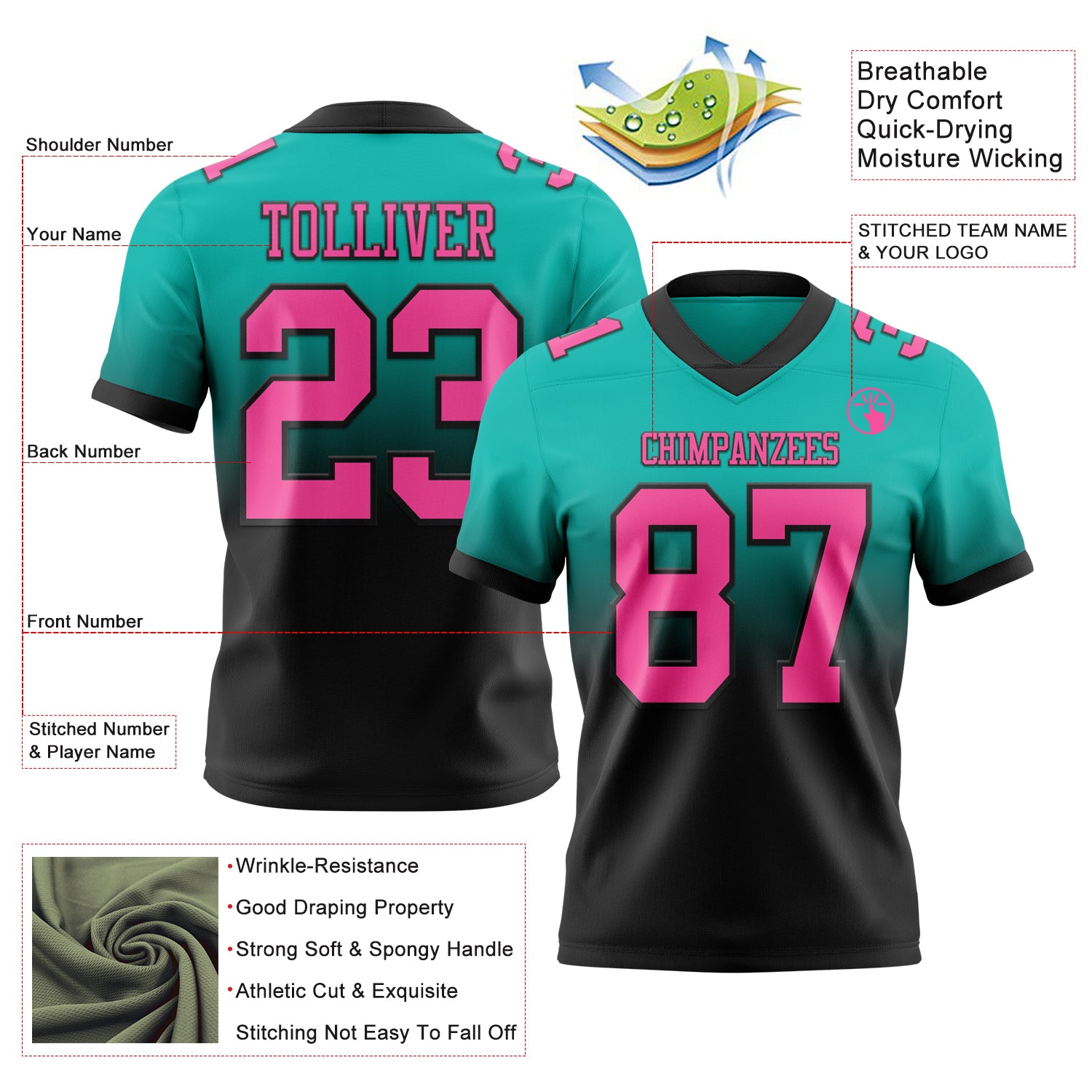 Custom Aqua Pink-Black Authentic Fade Fashion Football Jersey - Player Version