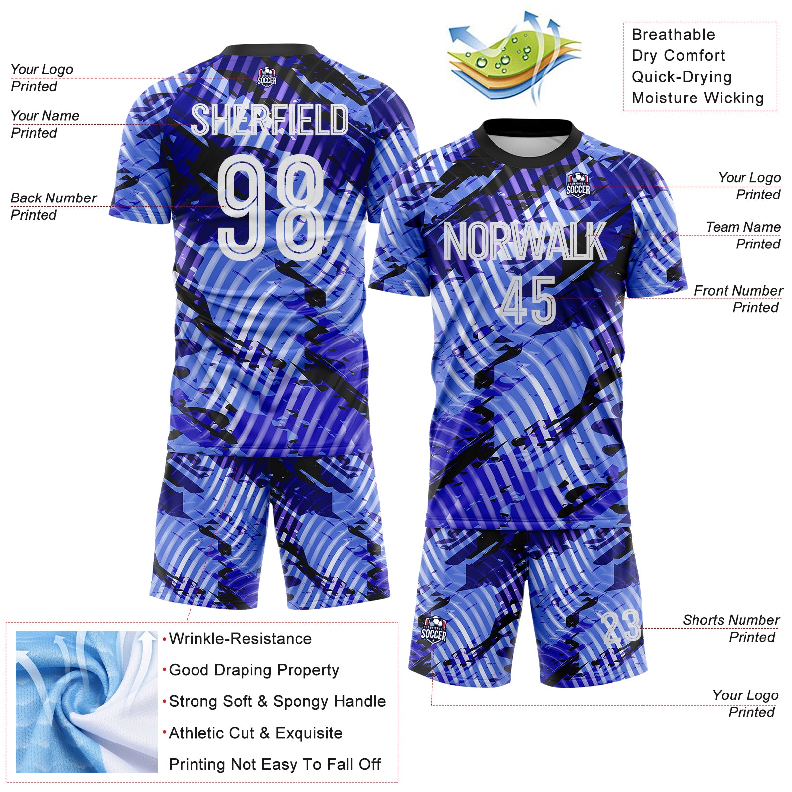 Custom Blue White-Black Abstract Swirl Wave Grunge Splatter Sublimation Soccer Uniform Jersey