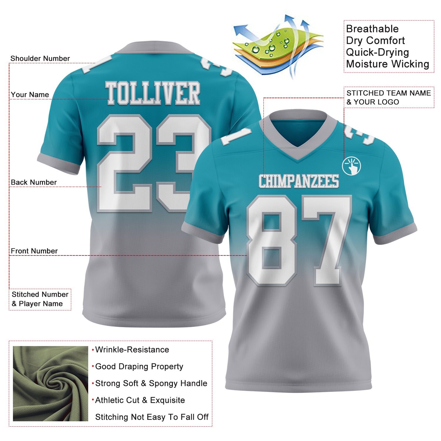 Custom Teal White-Gray Authentic Fade Fashion Football Jersey - Fan Version