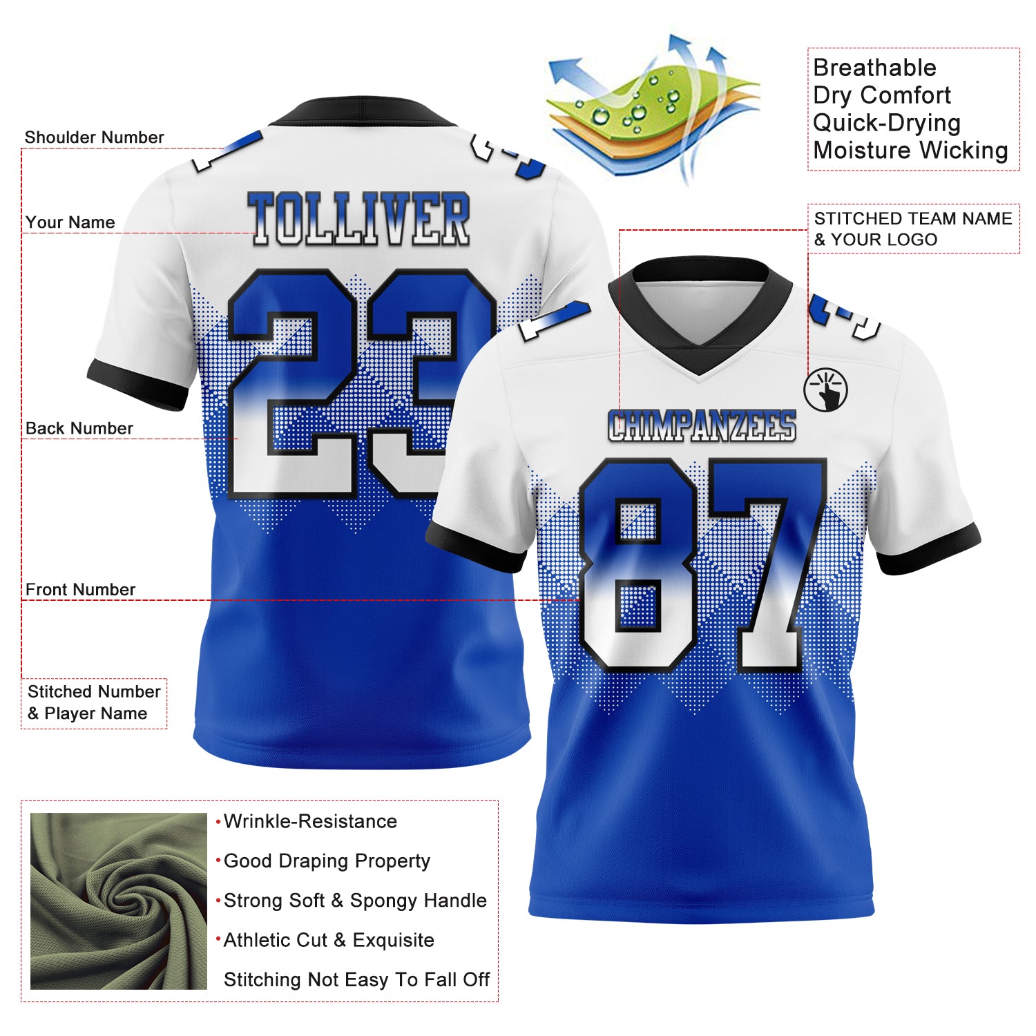 Custom White Thunder Blue-Black Authentic Gradient Square Shape 7V7 Flag Football Jersey - Player Version