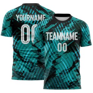 Custom Aqua White-Black Abstract Swirl Wave Grunge Splatter Sublimation Soccer Uniform Jersey