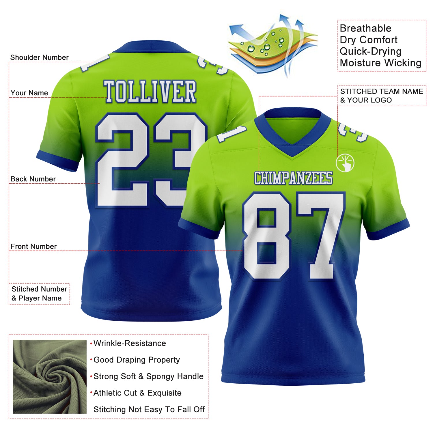 Custom Neon Green White-Royal Authentic Fade Fashion Football Jersey - Player Version