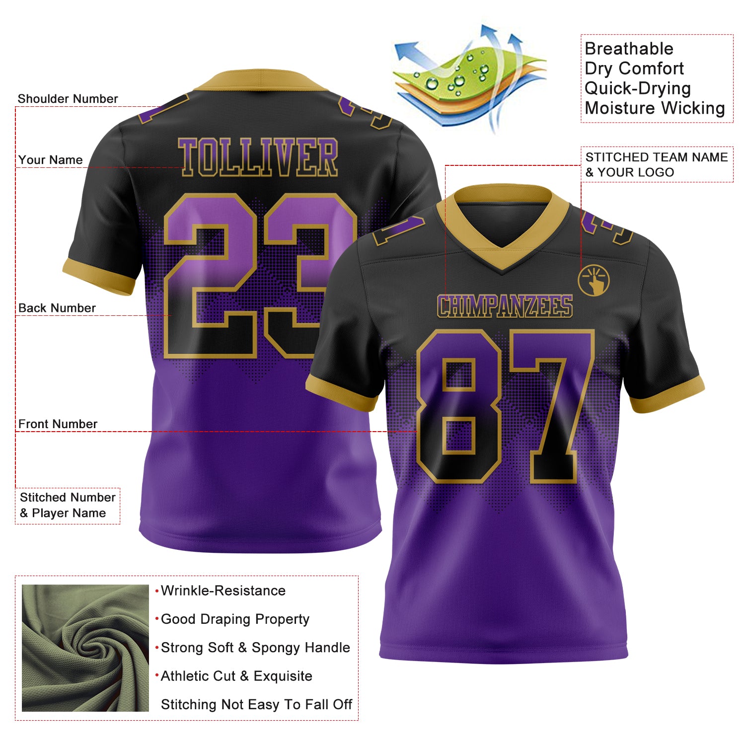 Custom Black Purple-Old Gold Authentic Gradient Square Shape 7V7 Flag Football Jersey - Fan Version