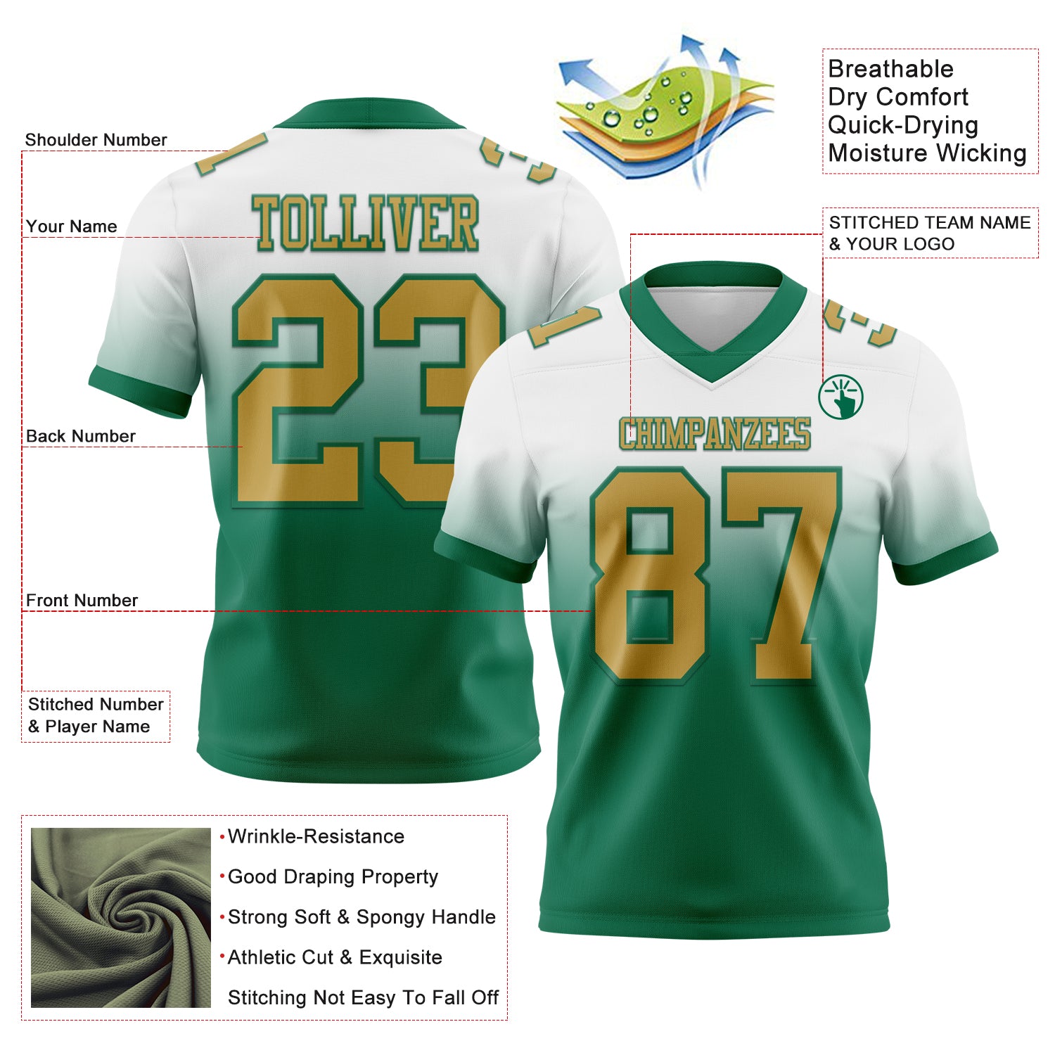 Custom White Old Gold-Kelly Green Authentic Fade Fashion Football Jersey - Fan Version