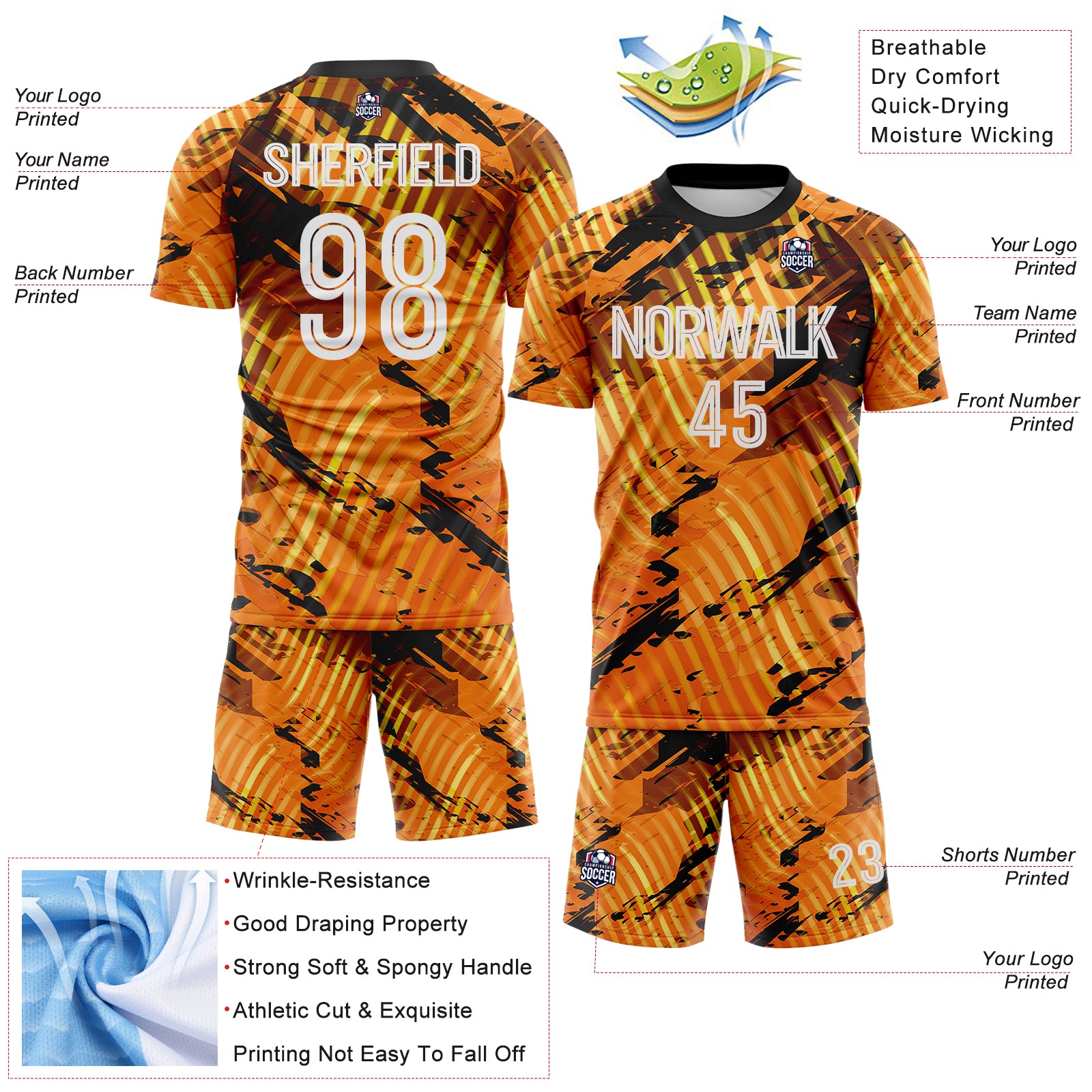 Custom Gold White-Black Abstract Swirl Wave Grunge Splatter Sublimation Soccer Uniform Jersey