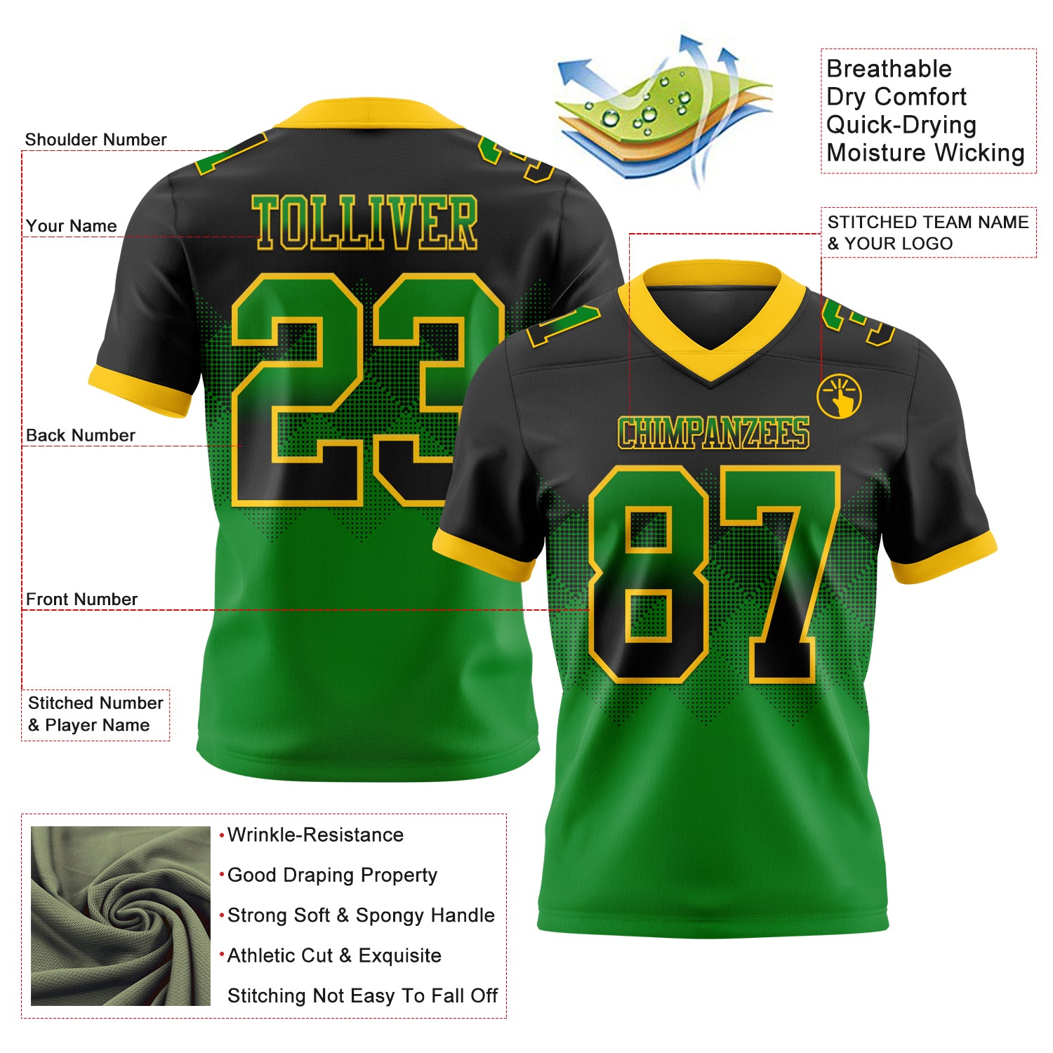 Custom Black Grass Green-Yellow Authentic Gradient Square Shape 7V7 Flag Football Jersey - Fan Version