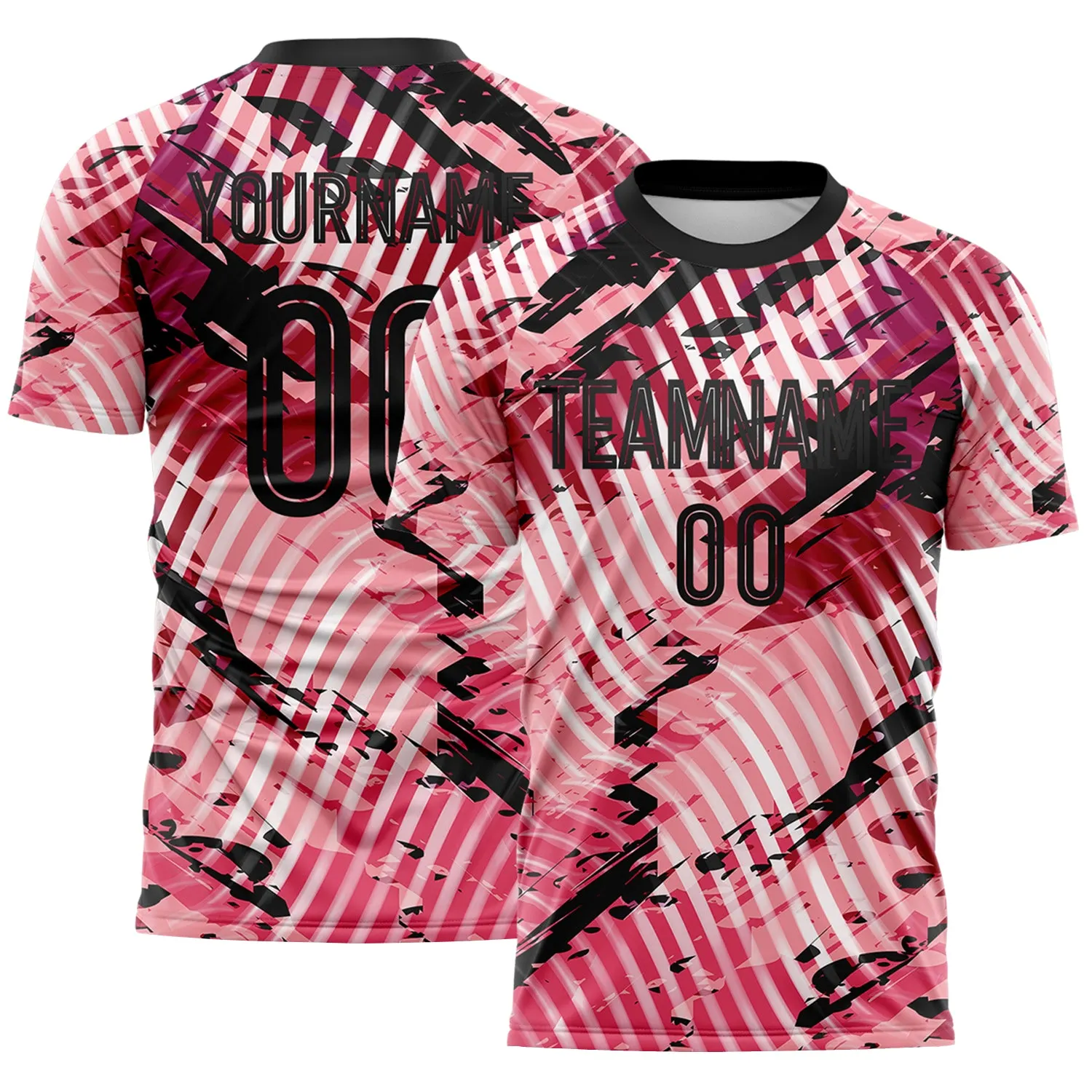 Custom Light Pink-Black Abstract Swirl Wave Grunge Splatter Sublimation Soccer Uniform Jersey