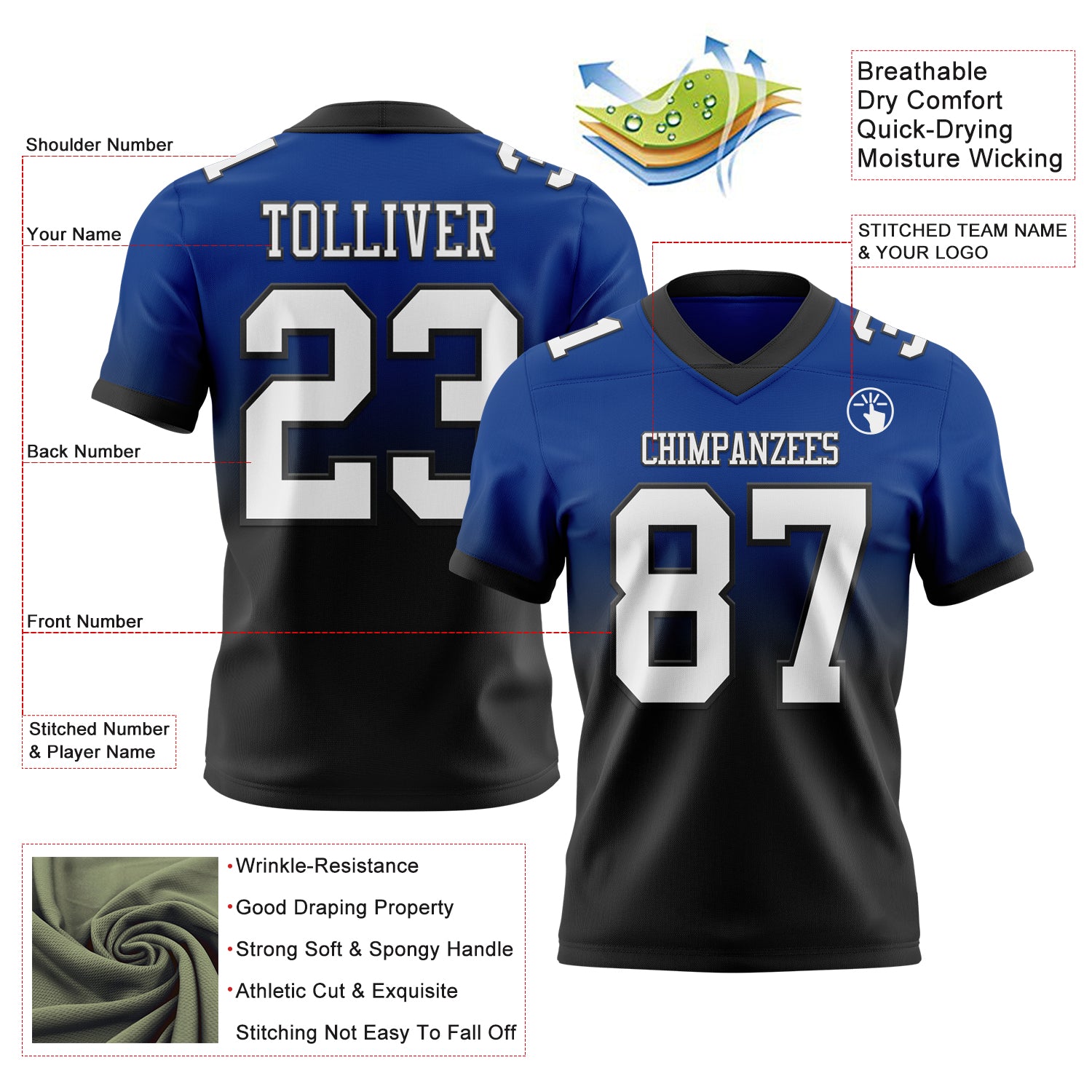 Custom Royal White-Black Authentic Fade Fashion Football Jersey - Fan Version