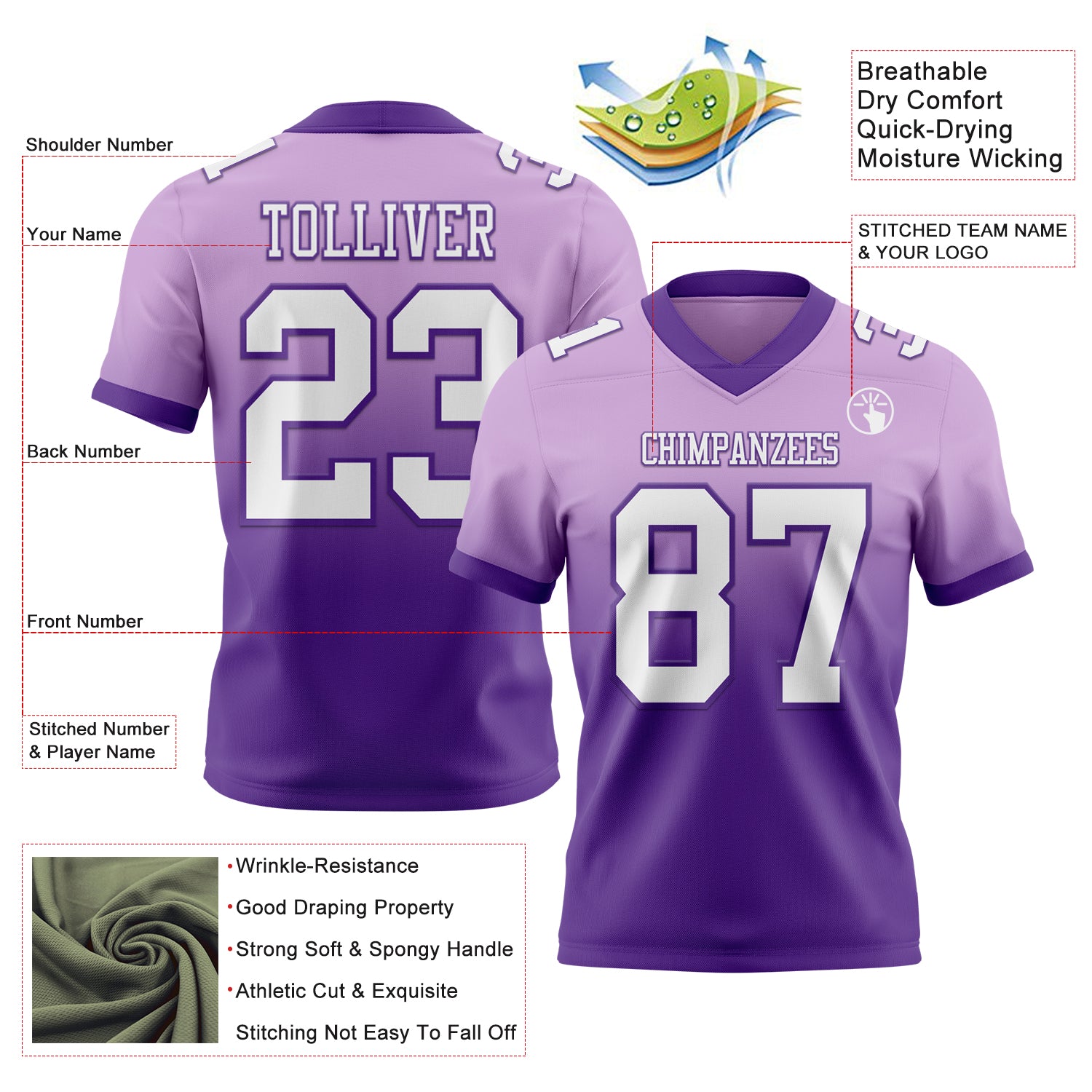 Custom Light Purple White-Purple Authentic Fade Fashion Football Jersey - Player Version