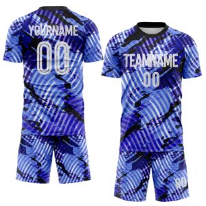 Custom Blue White-Black Abstract Swirl Wave Grunge Splatter Sublimation Soccer Uniform Jersey