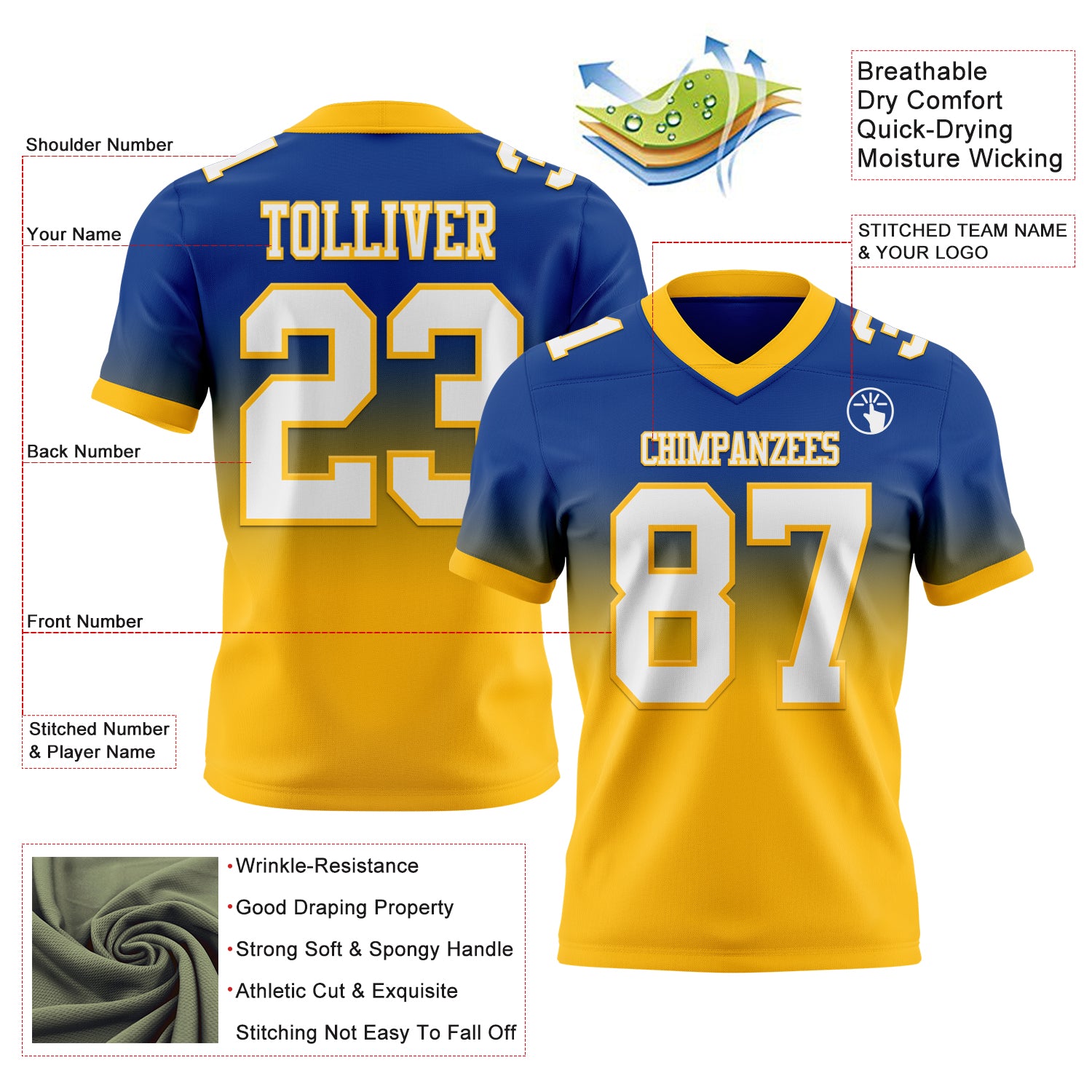 Custom Royal White-Gold Authentic Fade Fashion Football Jersey - Player Version