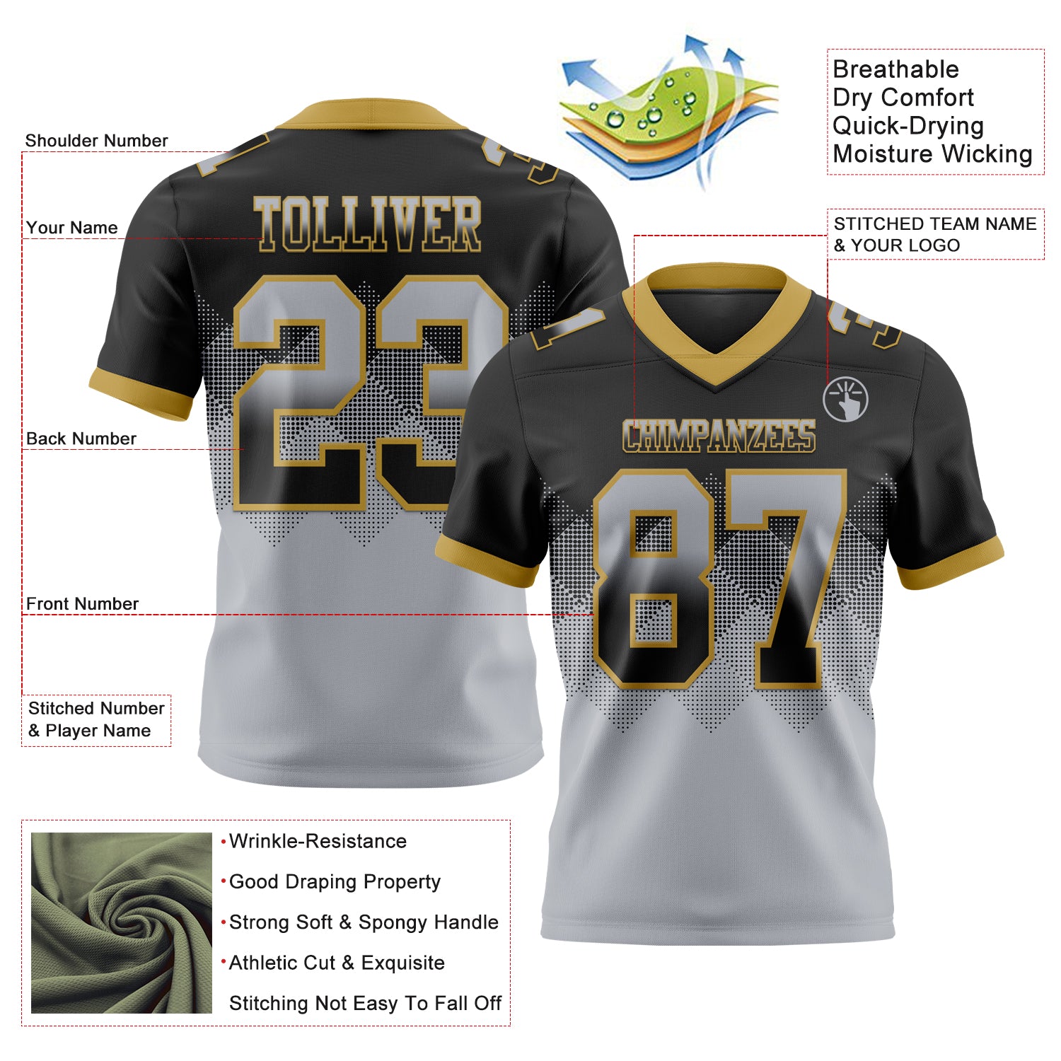Custom Black Gray-Old Gold Authentic Gradient Square Shape 7V7 Flag Football Jersey - Fan Version
