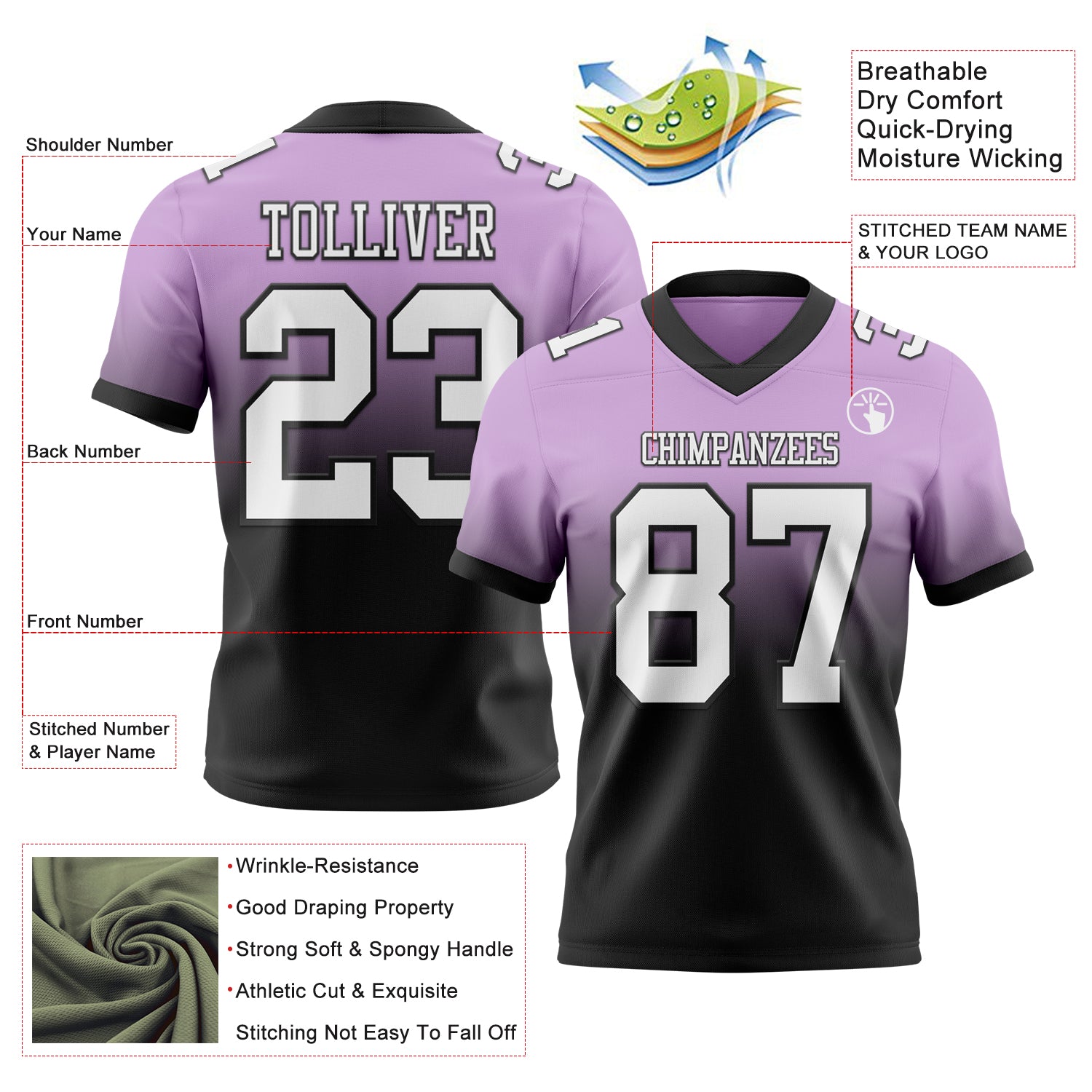 Custom Light Purple White-Black Authentic Fade Fashion Football Jersey - Player Version