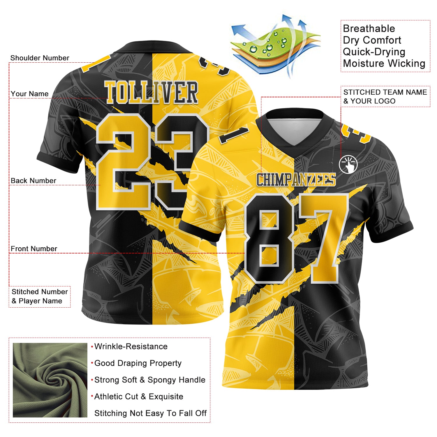 Custom Black Yellow-White Authentic Gradient Fashion Scratch Football Jersey - Fan Version