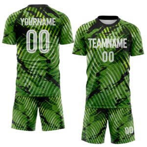 Custom Green White-Black Abstract Swirl Wave Grunge Splatter Sublimation Soccer Uniform Jersey