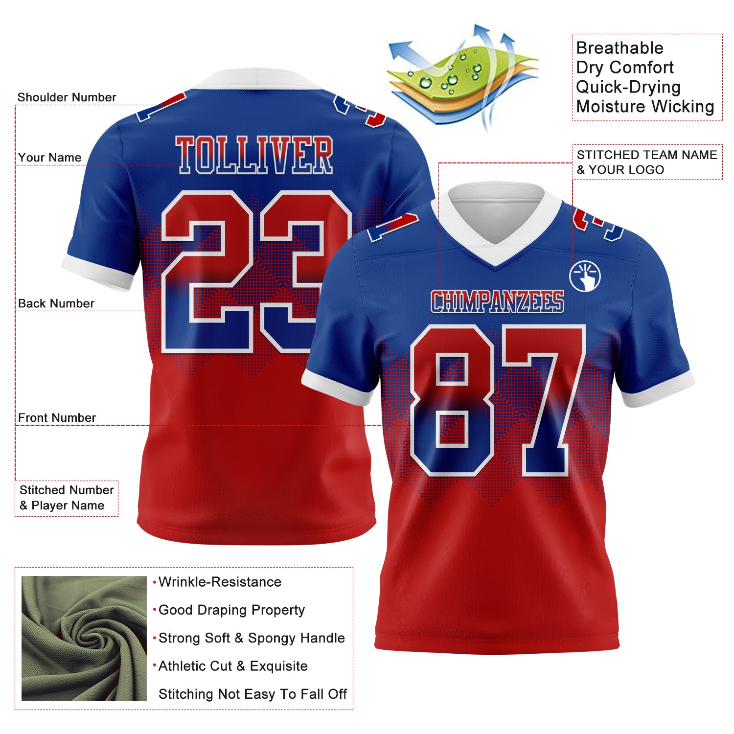 Custom Royal Red-White Authentic Gradient Square Shape 7V7 Flag Football Jersey - Player Version