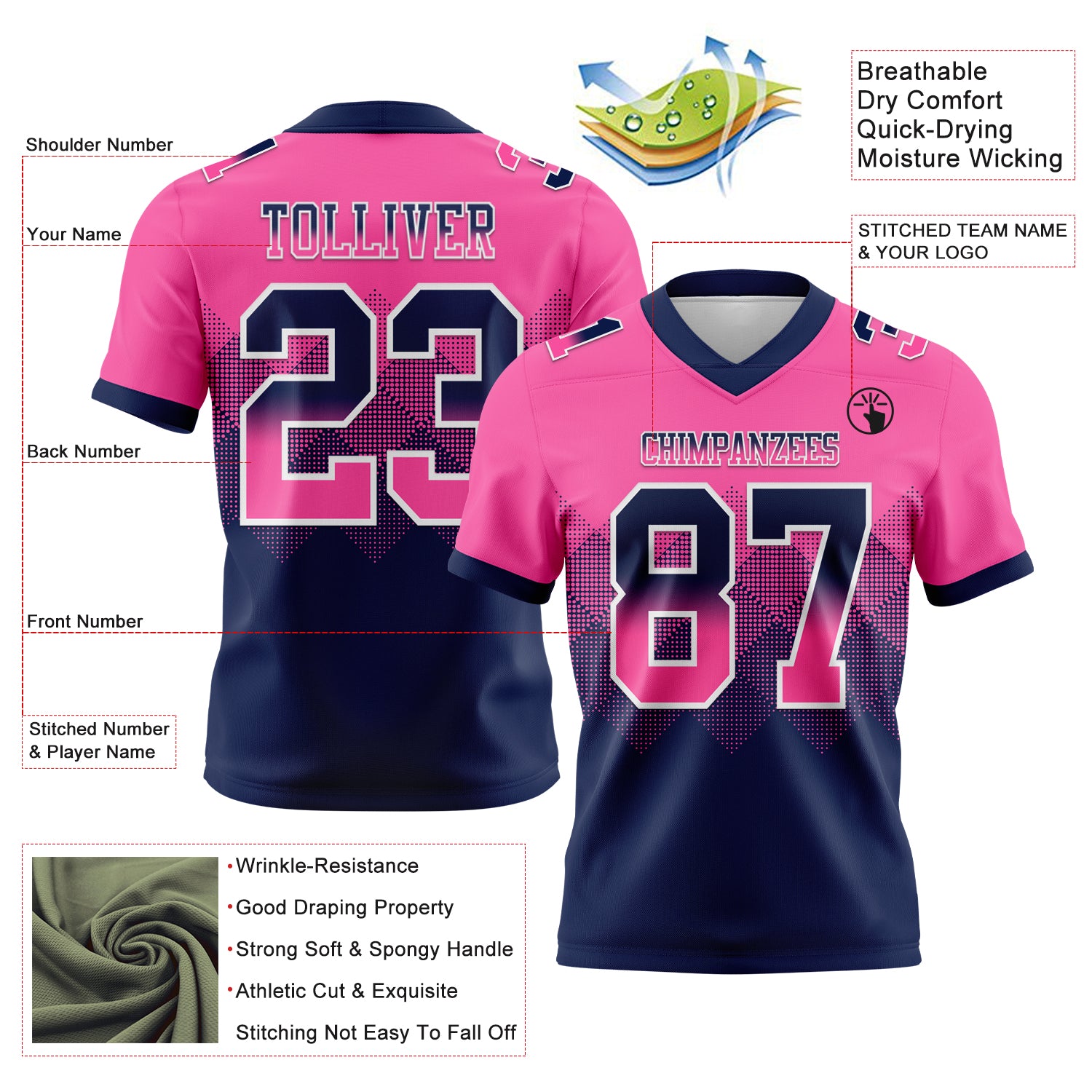 Custom Pink Navy-White Authentic Gradient Square Shape 7V7 Flag Football Jersey - Player Version