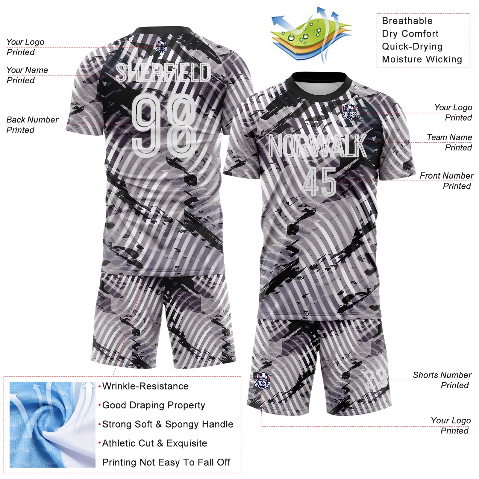 Custom Gray White-Black Abstract Swirl Wave Grunge Splatter Sublimation Soccer Uniform Jersey