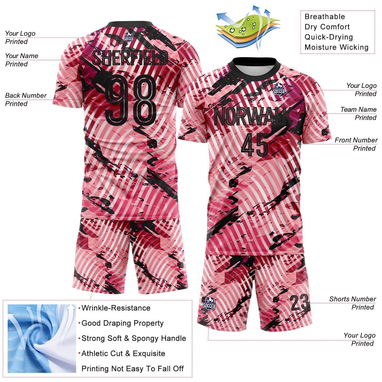 Custom Light Pink-Black Abstract Swirl Wave Grunge Splatter Sublimation Soccer Uniform Jersey
