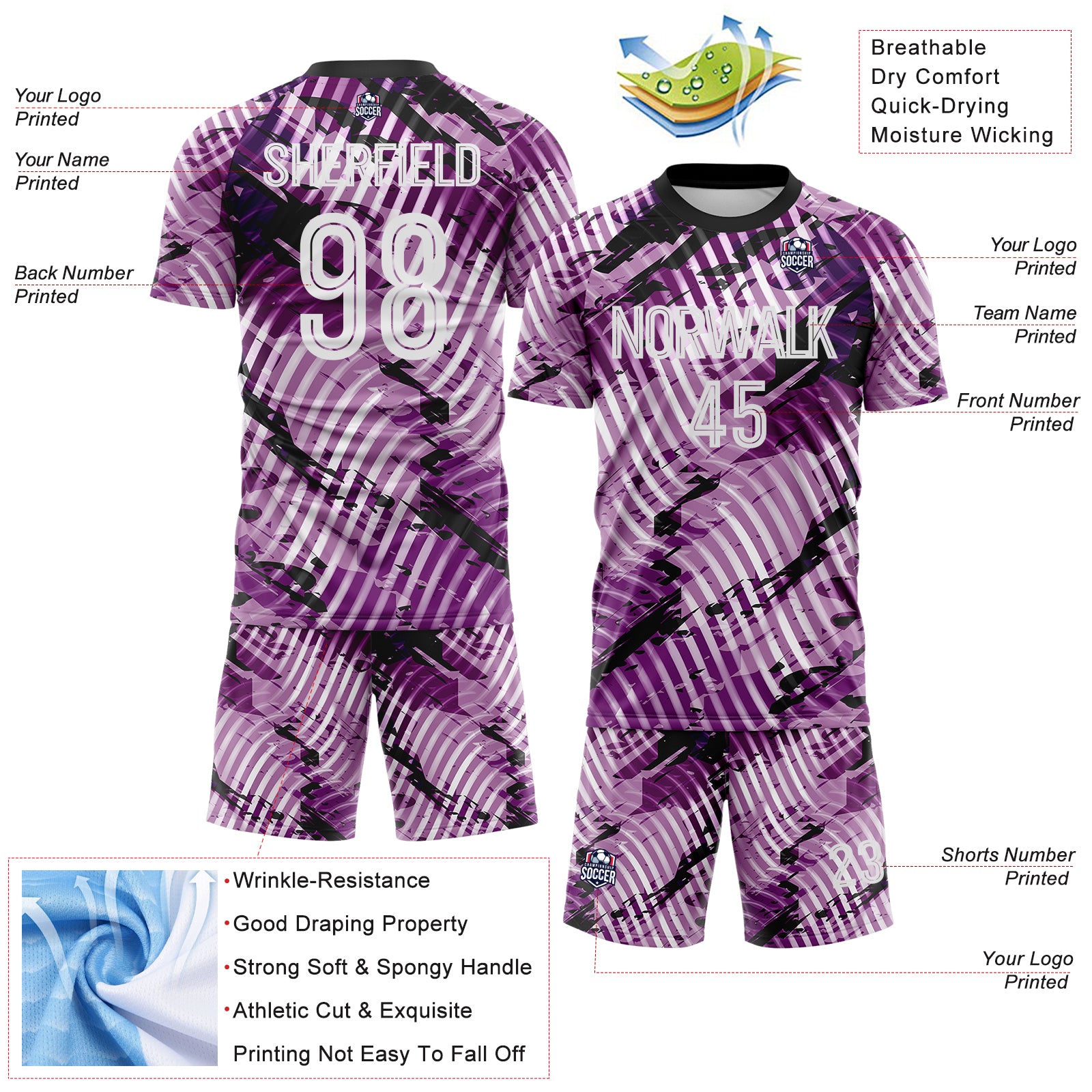 Custom Light Purple White-Black Abstract Swirl Wave Grunge Splatter Sublimation Soccer Uniform Jersey
