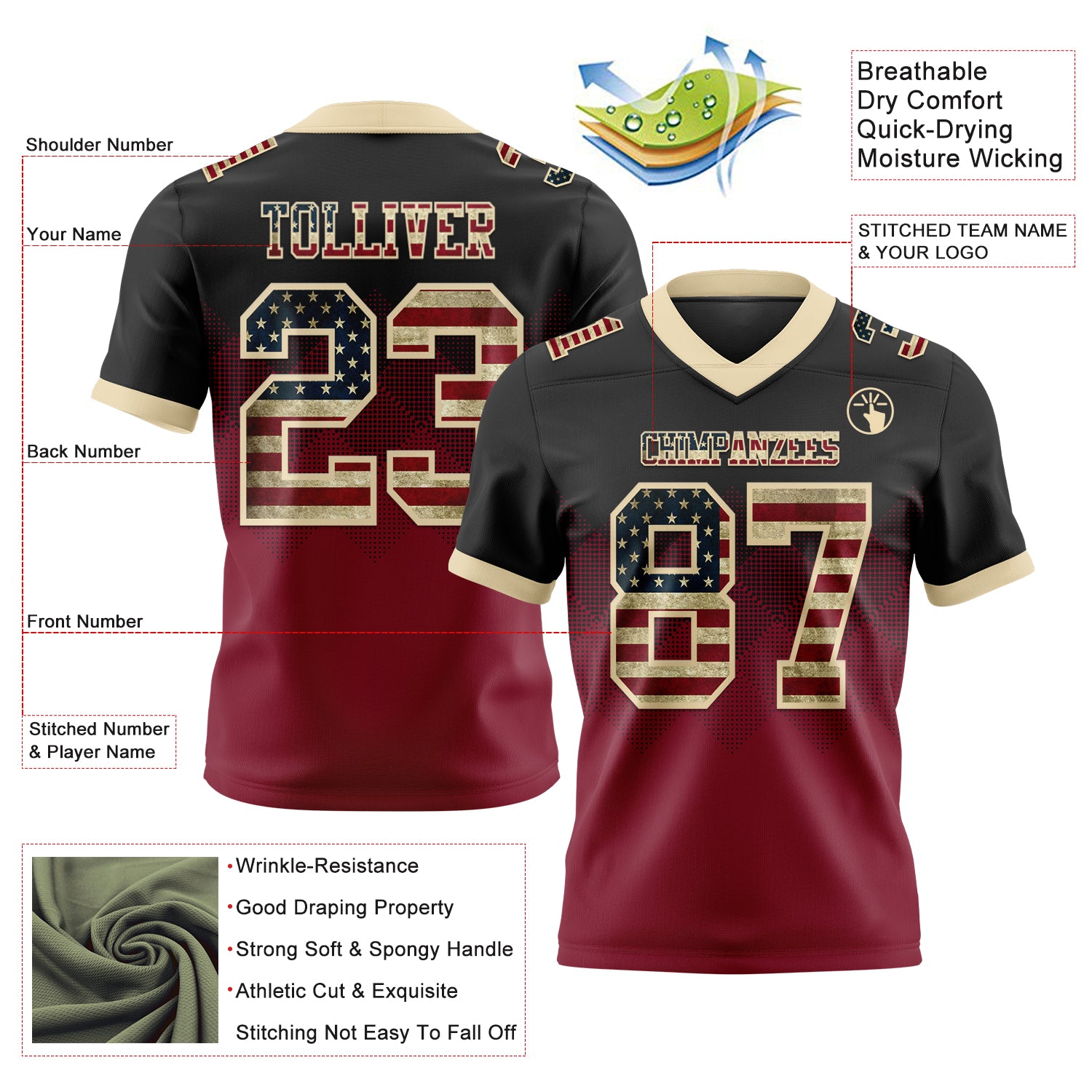 Custom Black Vintage USA Flag Crimson-Cream Authentic Gradient Square Shape 7V7 Flag Football Jersey - Player Version