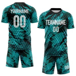 Custom Aqua White-Black Abstract Swirl Wave Grunge Splatter Sublimation Soccer Uniform Jersey
