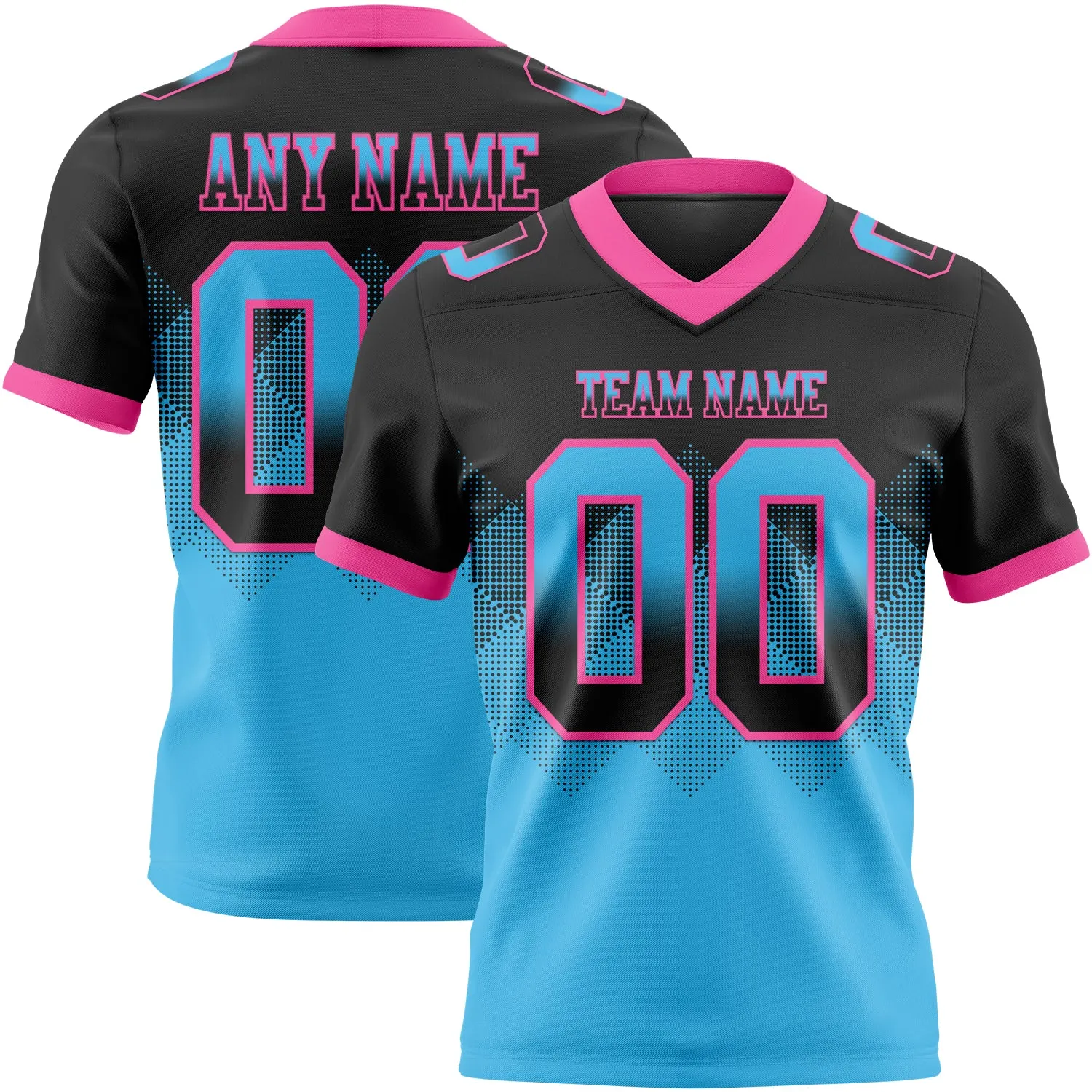 Custom Black Sky Blue-Pink Authentic Gradient Square Shape 7V7 Flag Football Jersey - Fan Version