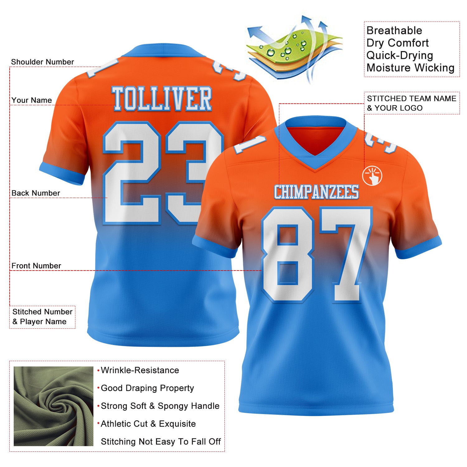Custom Orange White-Powder Blue Authentic Fade Fashion Football Jersey - Player Version