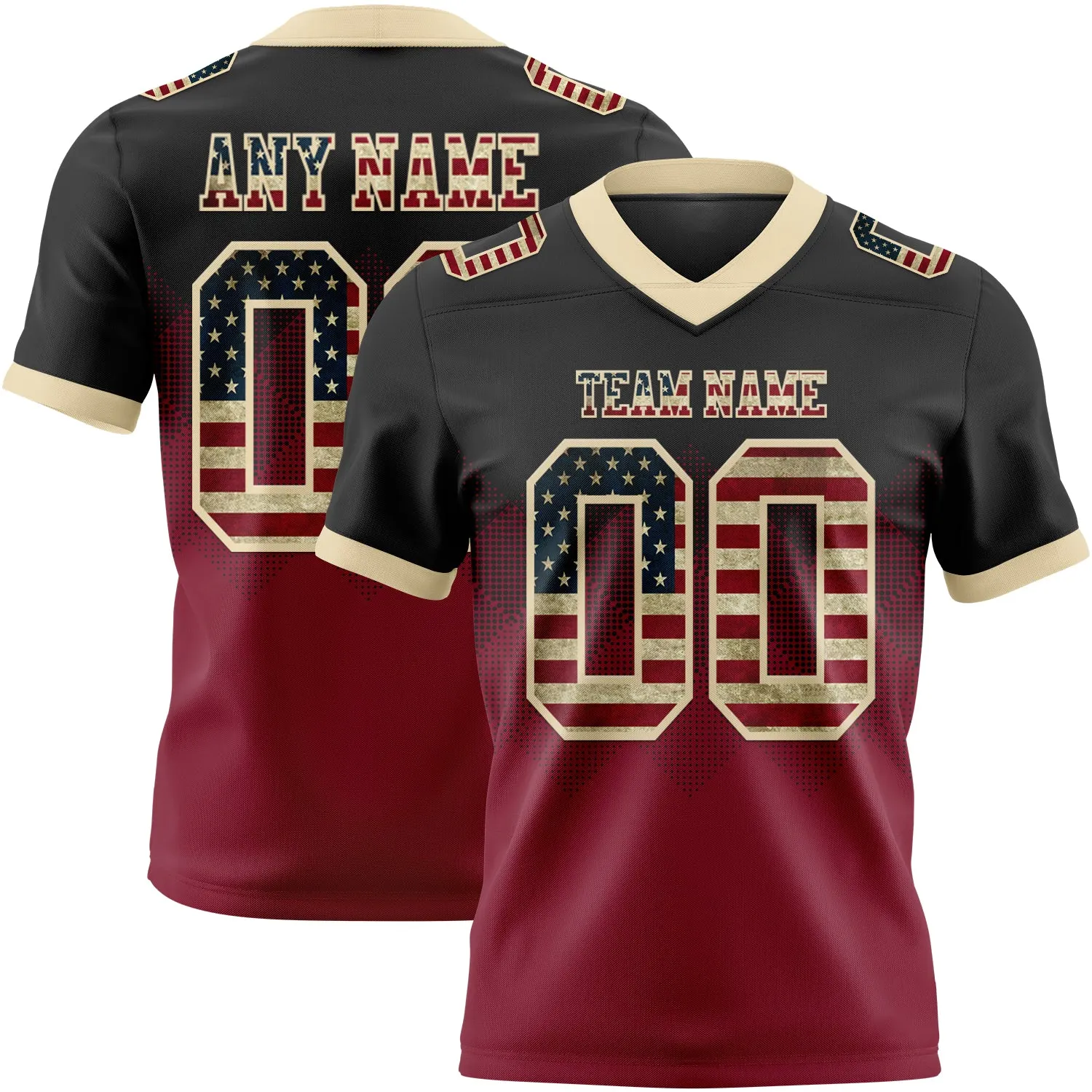 Custom Black Vintage USA Flag Crimson-Cream Authentic Gradient Square Shape 7V7 Flag Football Jersey - Player Version
