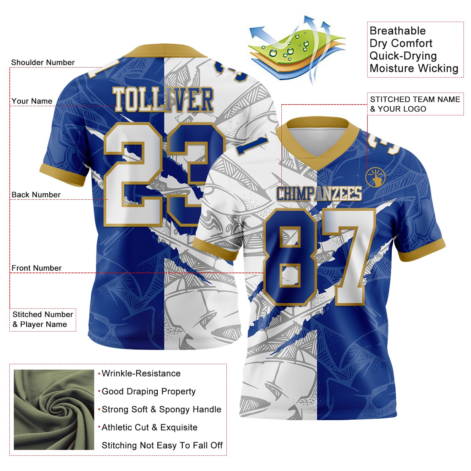 Custom Royal White-Old Gold Authentic Gradient Fashion Scratch Football Jersey - Fan Version