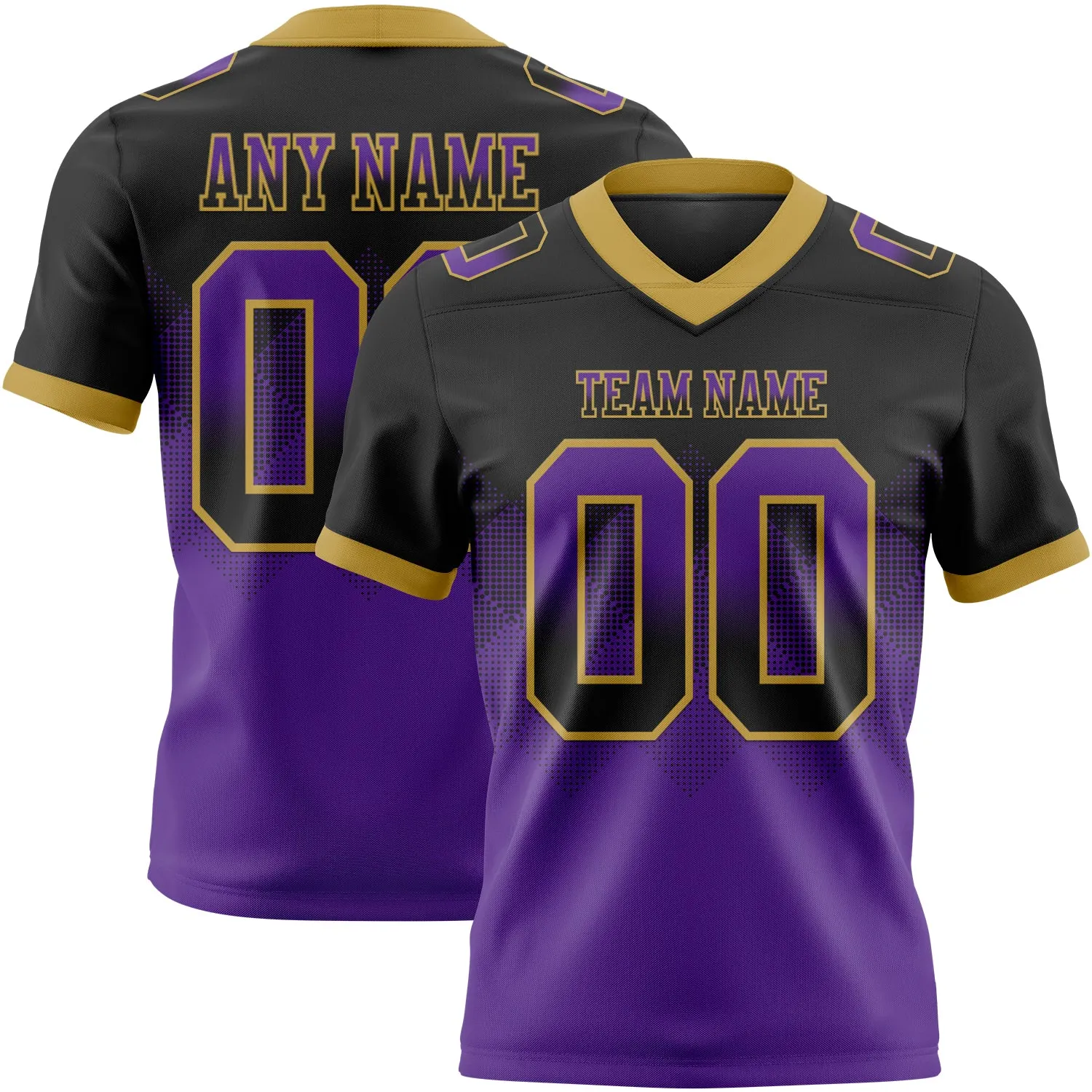 Custom Black Purple-Old Gold Authentic Gradient Square Shape 7V7 Flag Football Jersey - Fan Version