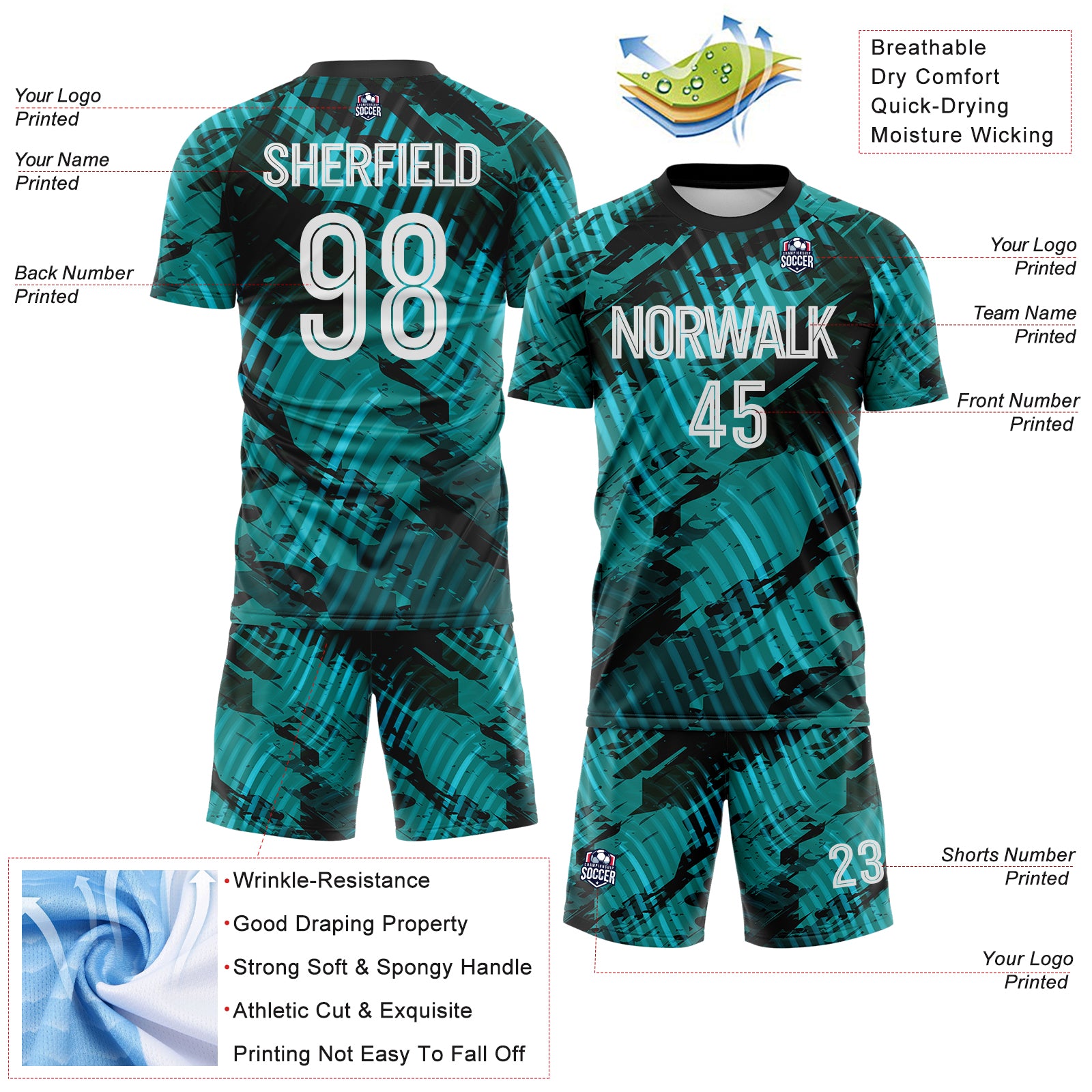 Custom Aqua White-Black Abstract Swirl Wave Grunge Splatter Sublimation Soccer Uniform Jersey
