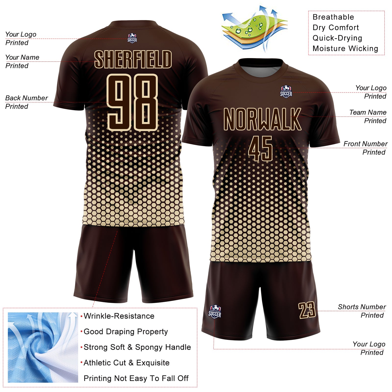 Custom Brown-Cream Geometric Hexagonal Dot Gradient Sublimation Soccer Uniform Jersey