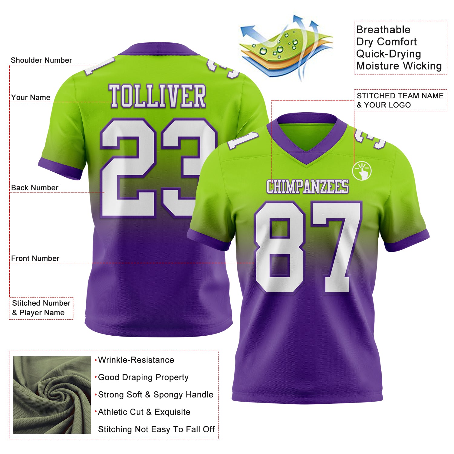 Custom Neon Green White-Purple Authentic Fade Fashion Football Jersey - Player Version