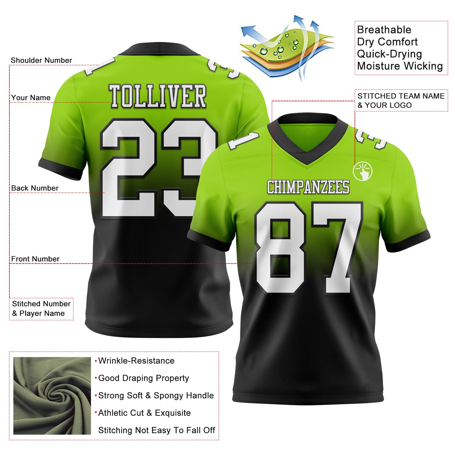 Custom Neon Green White-Black Authentic Fade Fashion Football Jersey - Player Version